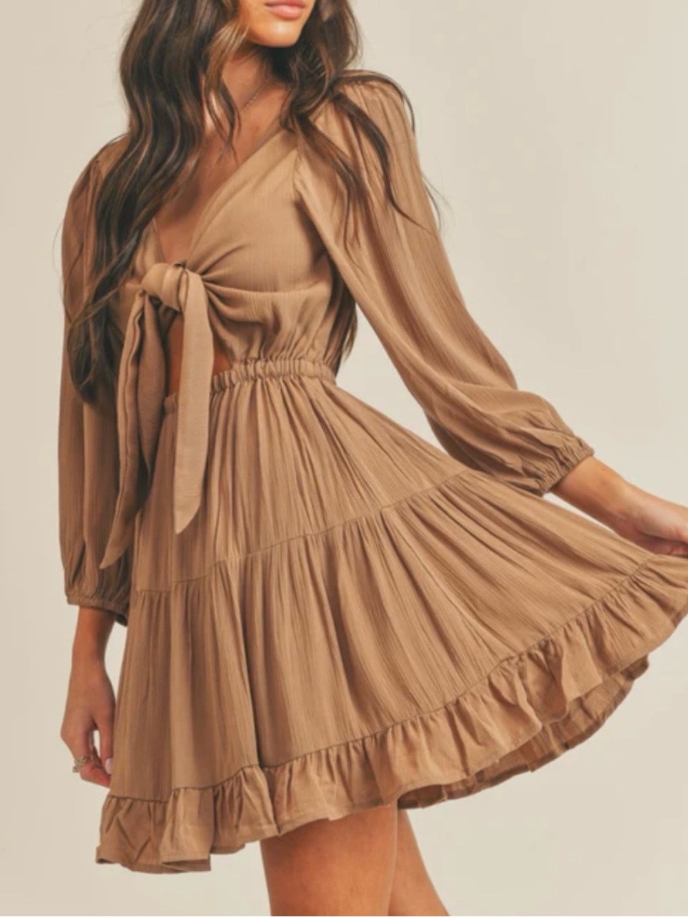 NEW Tie-Front Ruffled Tiered Long Sleeve Dress in Tan